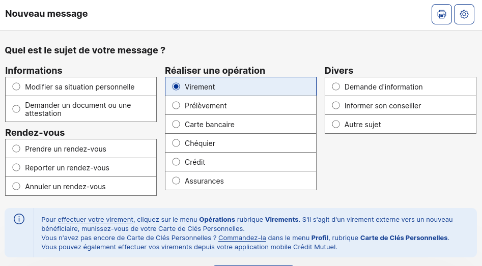 Le choix "virement" est sélectionné.
En bas de page on me propose un lien direct vers la page pour effectuer mon virement et si je n'ai pas la carte de clés personnelles de la commander avec un lien direct sur la page concernée .