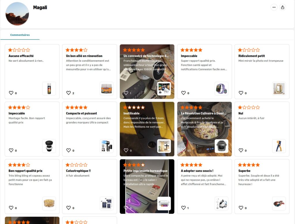 Profil montrant la liste des avis laissés sur plusieurs produits. Les notes vont de 1 à 5 étoiles, et la majorité des avis font une à deux phrases.