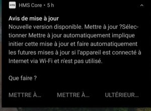 Un message m'invitant à faire la mise à jour.
"Avis de mise à jour
Nouvelle version disponible. Mettre à jour ? Sélectionner Mettre à jour automatiquement implique initier cette mise à jour et faire automatiquement les futures mises à jour si l'appareil est connecté à Internet via Wi-Fi et n'est pas utilisé.
Que faire ?"
Sans suit trois options où le texte est incomplet
"METTRE À…" "METTRE À…" "ULTÉRIEUR…"