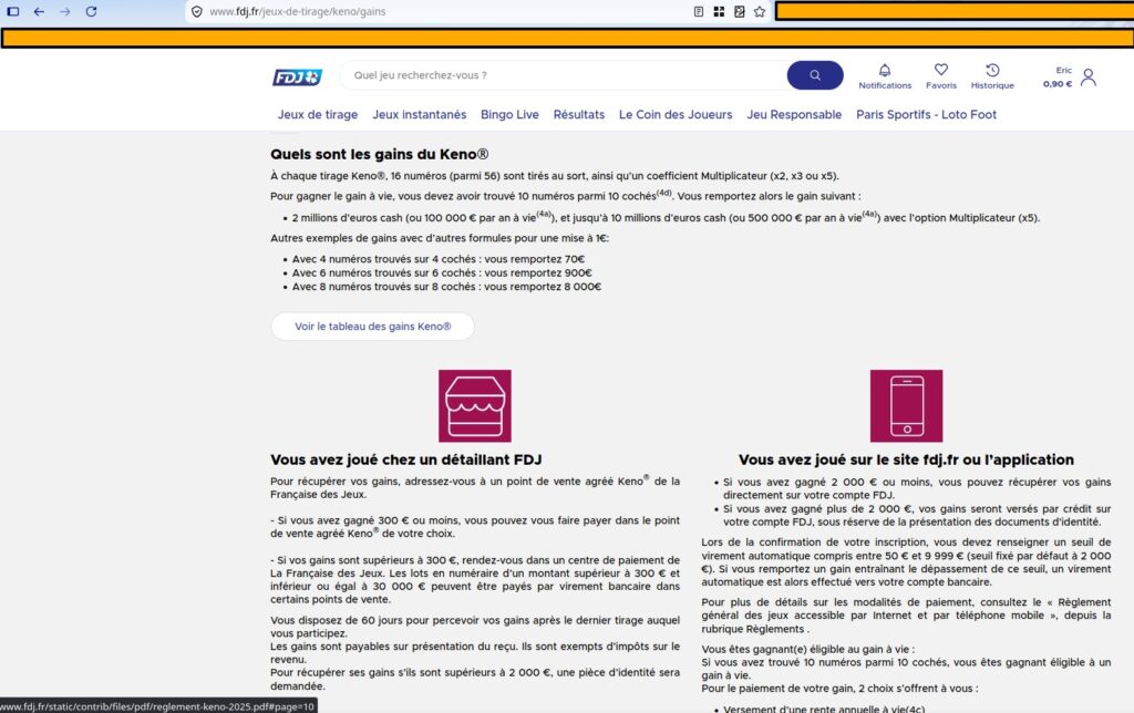Page FDJ avec un lien qui doit permettre de voir le tableau des gains
