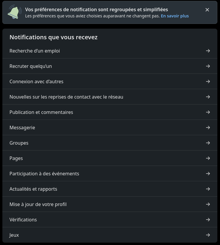 La liste des 13 thèmes qu'il faut à chaque fois ouvrir pour ensuite désactiver les notifications.