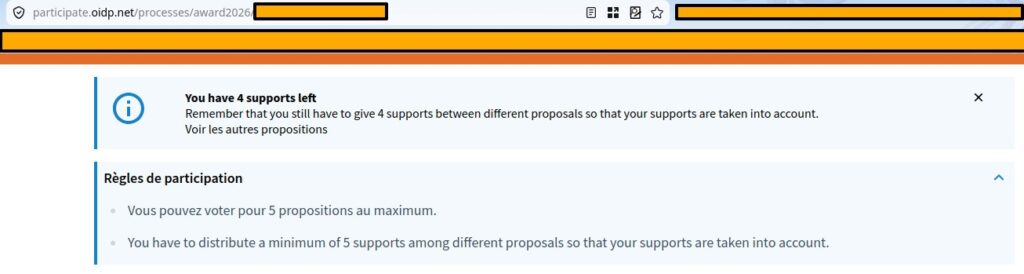 You have 4 supports left
Remember that you still have to give 4 supports between different proposals so that your supports are taken into account.
Voir les autres propositions
Règles de participation
Vous pouvez voter pour 5 propositions au maximum.
You have to distribute a minimum of 5 supports among different proposals so that your supports are taken into account.