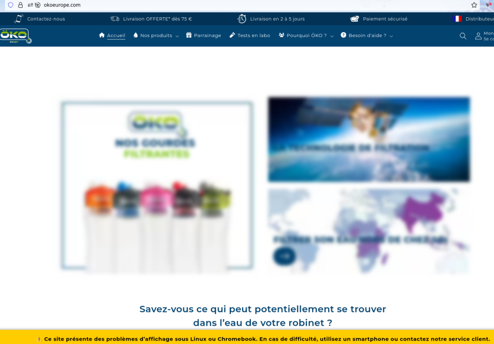 Toutes les images du site sont floutées et un message en bas de l'écran indique"Ce site présente des problèmes d'affichage sous Linux ou Chromebook. En cas de difficulté, utilisez un smartphone ou contactez notre service client"