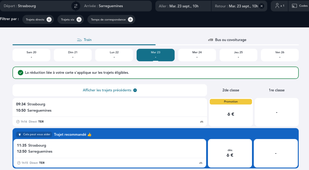 Trajet Strasbourg - Sarreguemines, départ 11h35 arrivée à 12h50. Prix 6€. La réduction est appliqué.