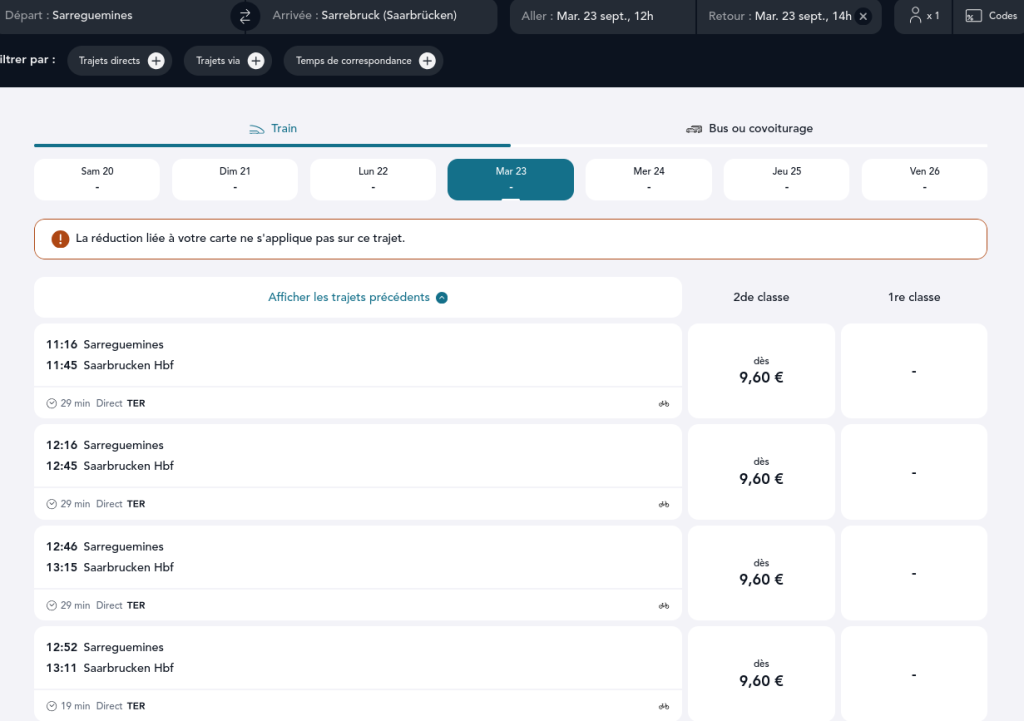 Trajet Sarreguemines - Saarbrucken. Départ à 12h52 arrivée à 13h11. Prix 9,6€